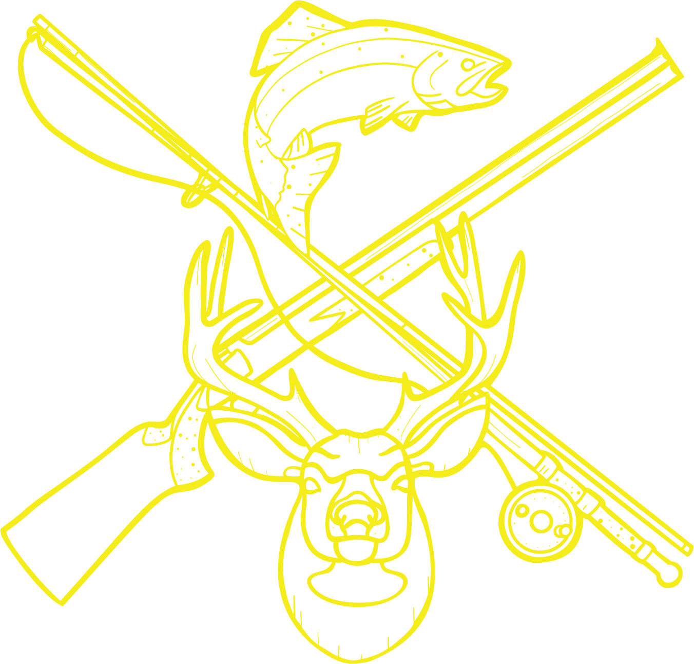Yellow line drawing of a deer head, jumping fish, rifle, and fishing rod crossed behind the deer.