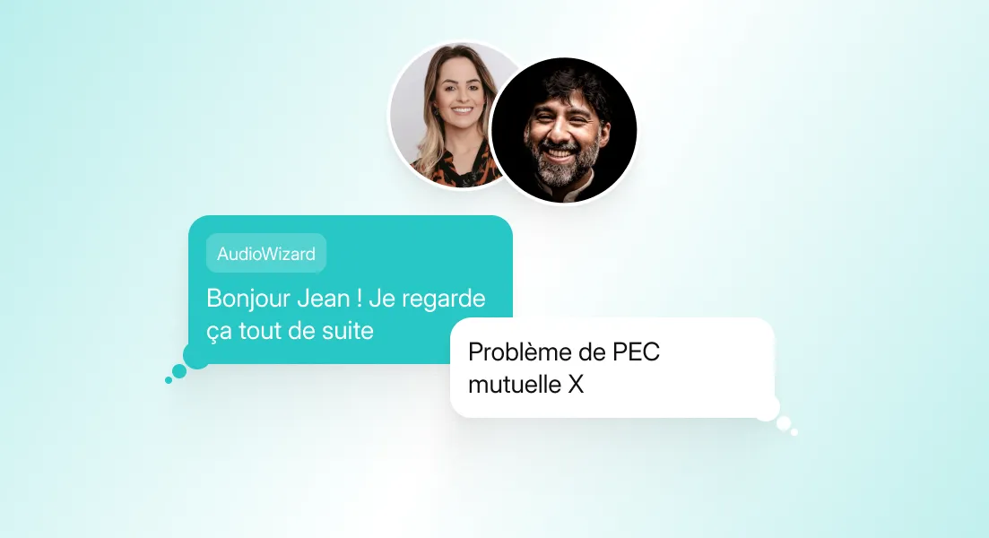 Deux bulles de dialogue avec photos de profil de deux personnes au-dessus : une femme souriante et un homme souriant, la conversation mentionne un problème de prise en charge mutuelle.