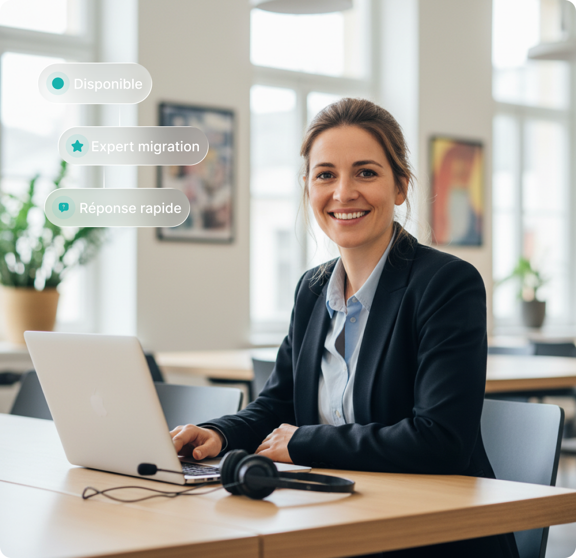 Femme souriante en tenue professionnelle travaillant sur un ordinateur portable dans un bureau lumineux avec casque audio sur table.