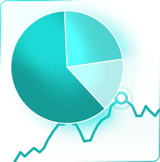 Diagramme circulaire bleu avec quatre segments partiellement transparents au-dessus d'un graphique en ligne aux pointes marquées.