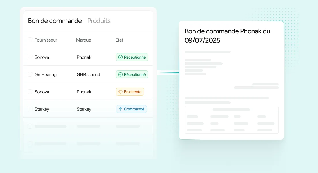 Tableau de bon de commande avec fournisseurs, marques et états des commandes, incluant des statuts comme Réceptionné, En attente, Commandé.