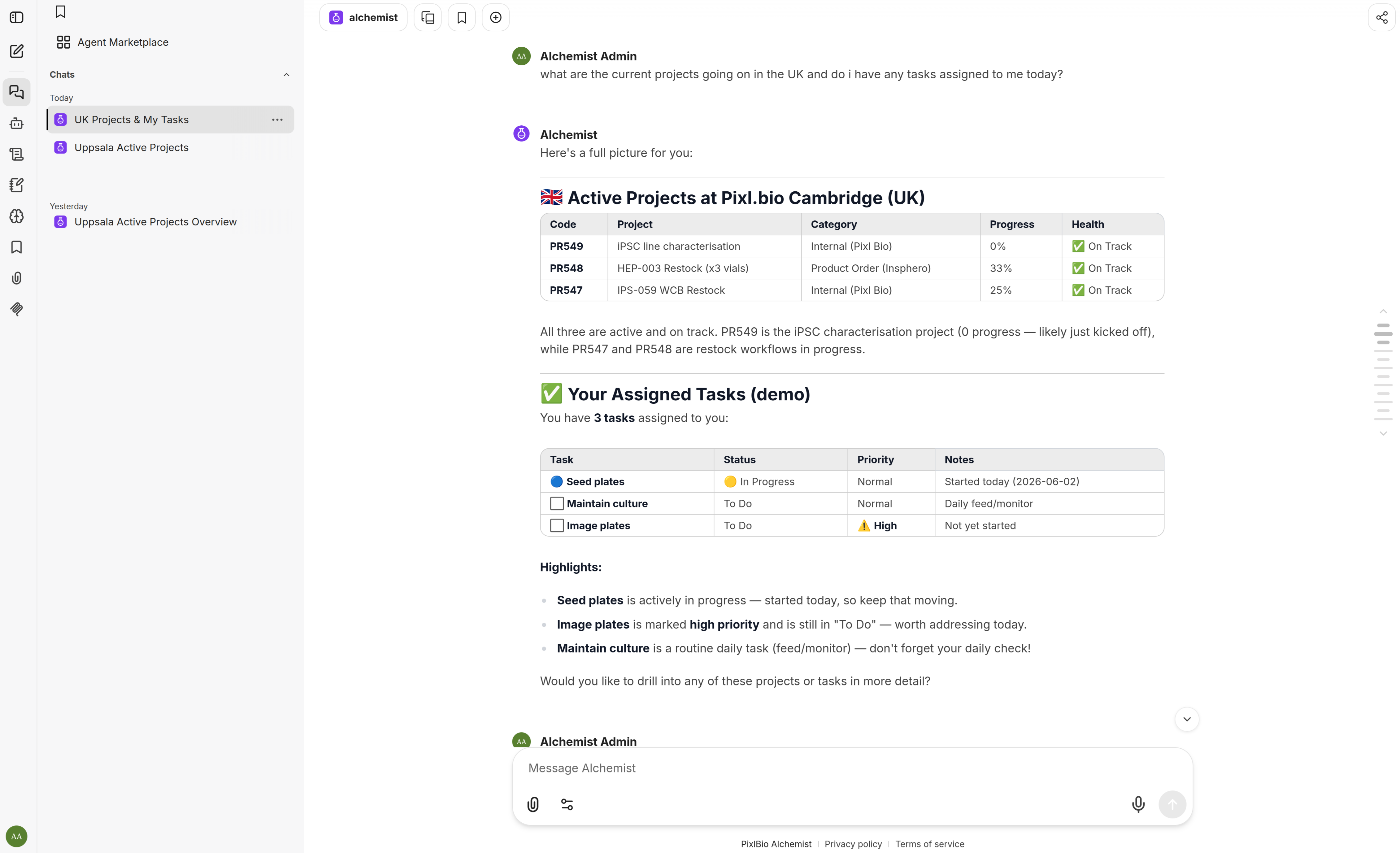 Alchemist project and task query