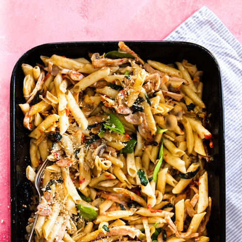 Leah Itsines Bacon and Mushroom Pasta Bake Recipe