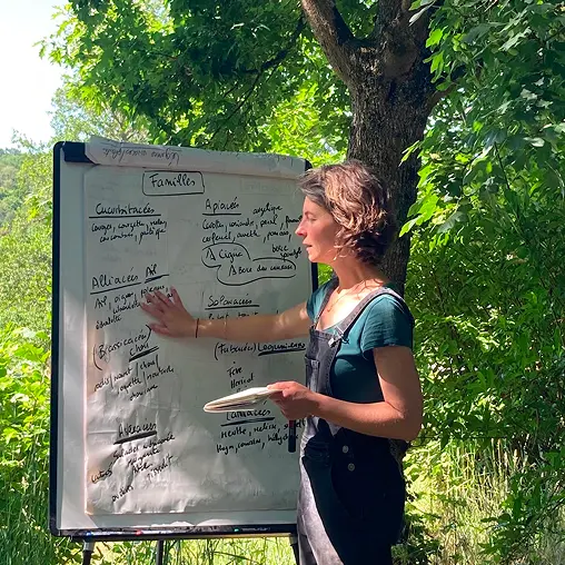 Virginie qui donne une formation devant un paperboard