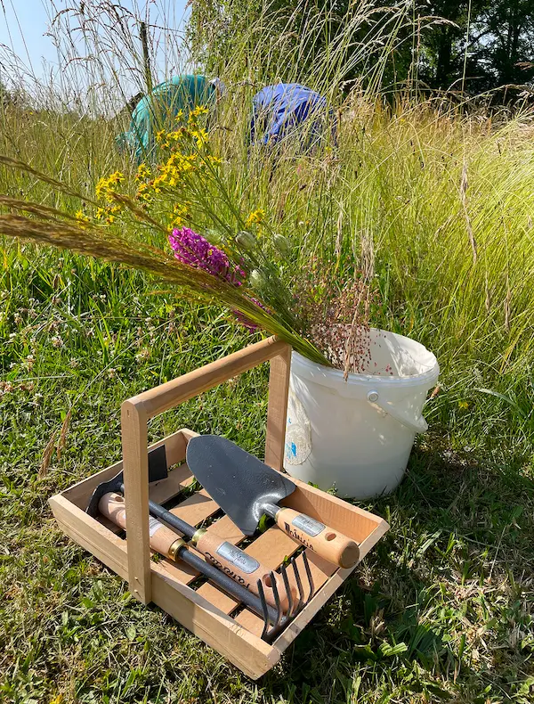 Outils dans un panier et cueillette de fleurs
