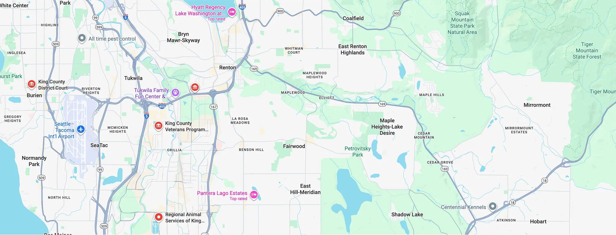 Map of service coverage area showing multiple city locations