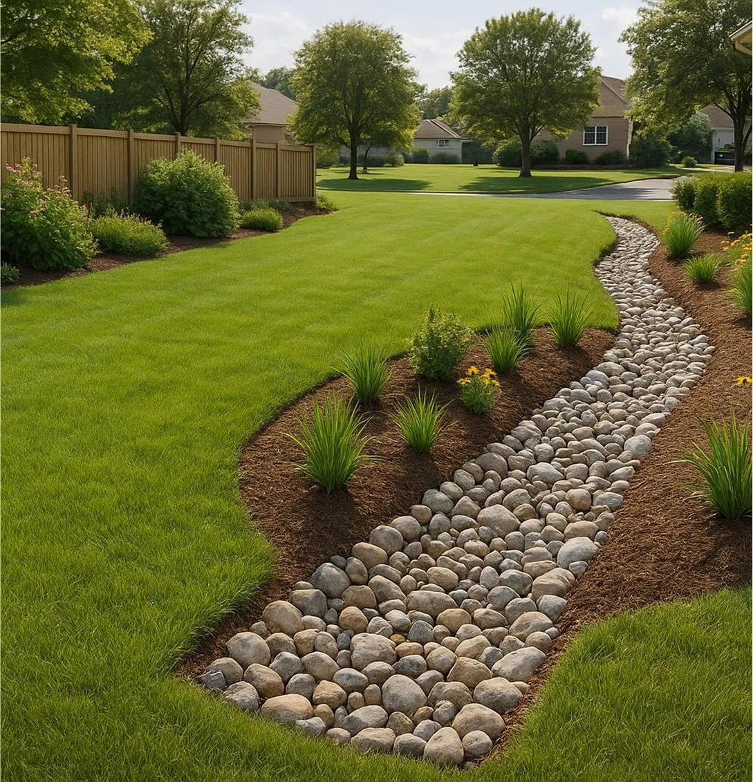 Decorative rock drainage swale integrated into landscaped backyard