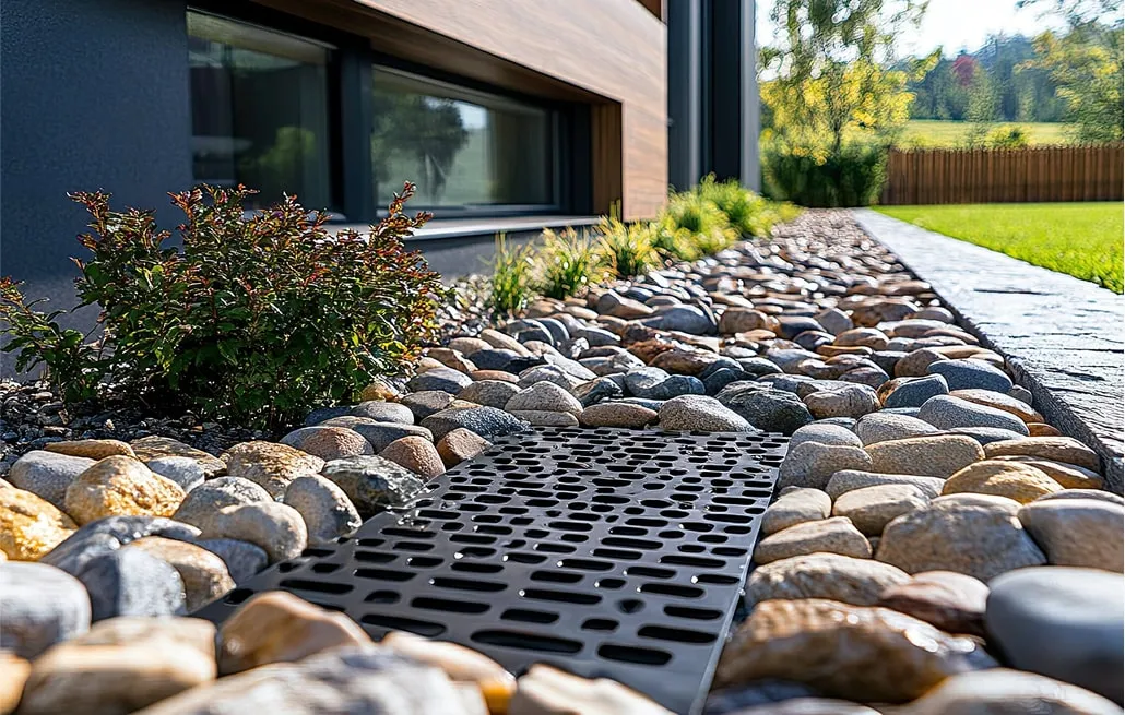 Completed French drain system with modern drainage grate near wall