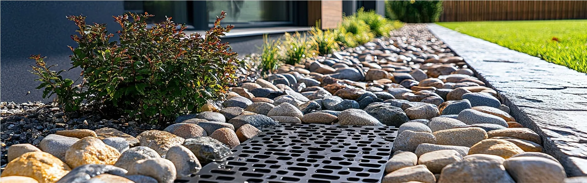 Rock-filled French drain beside house foundation for moisture management
