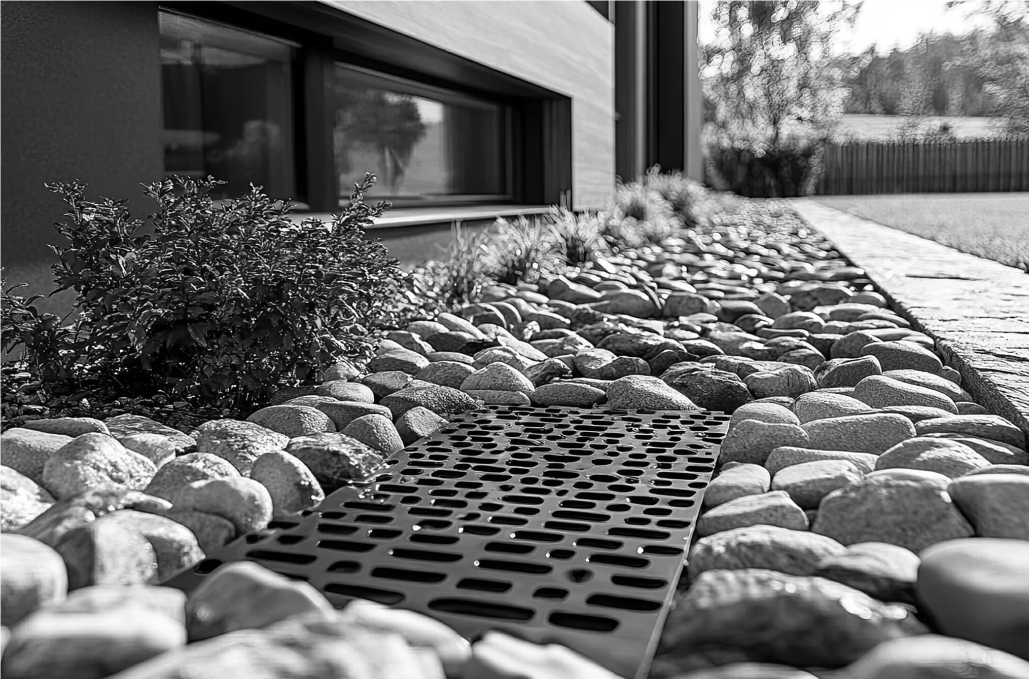 Modern French drain system with decorative stone and grate cover