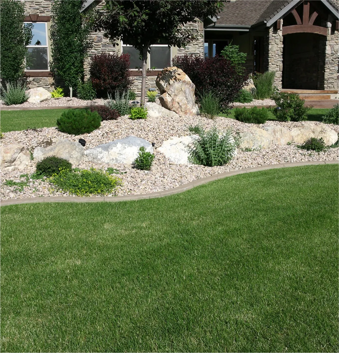 Residential front yard with landscaping and improved drainage system