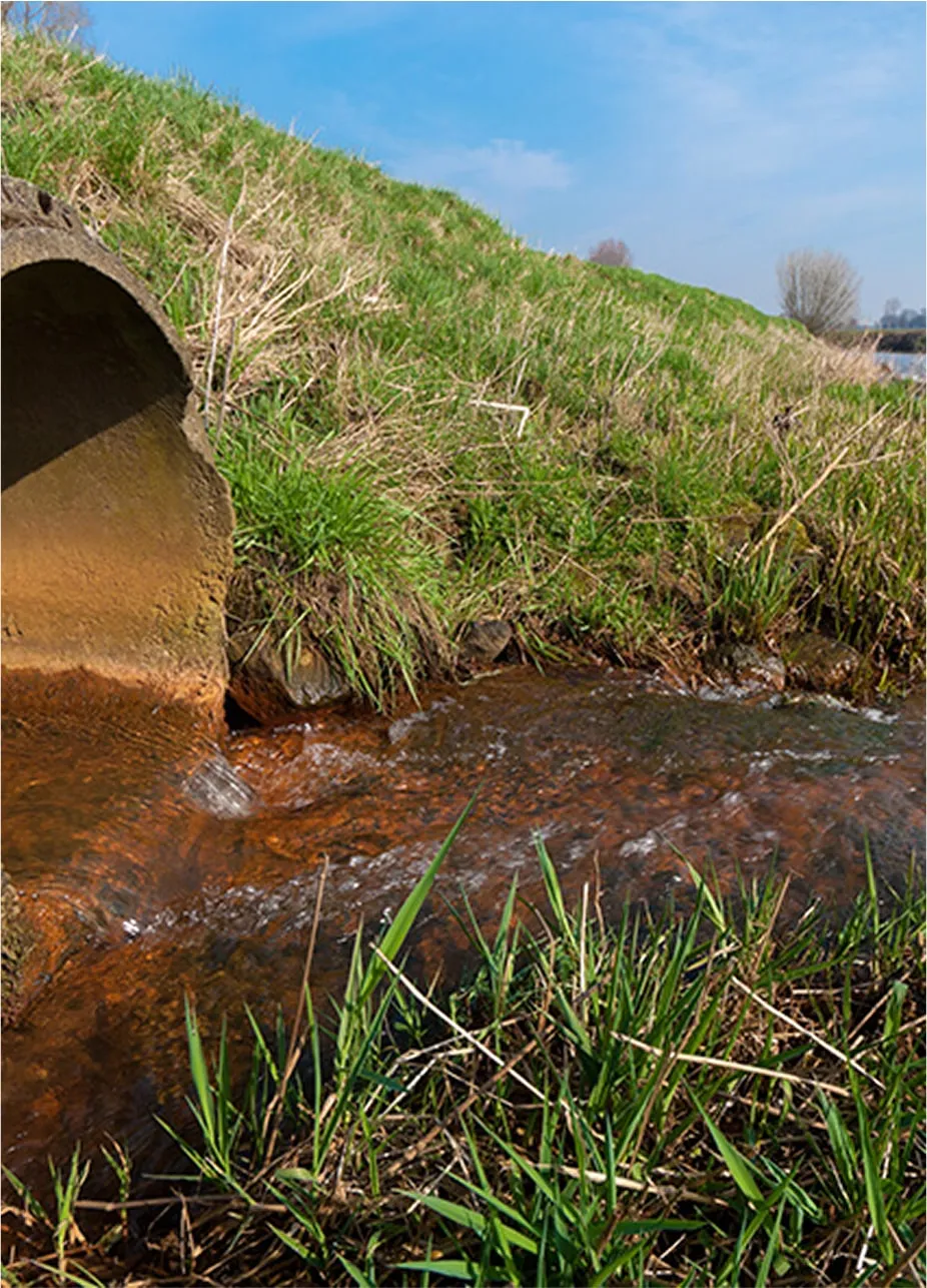 Concrete culvert drainage outlet channeling stormwater runoff into grassy area