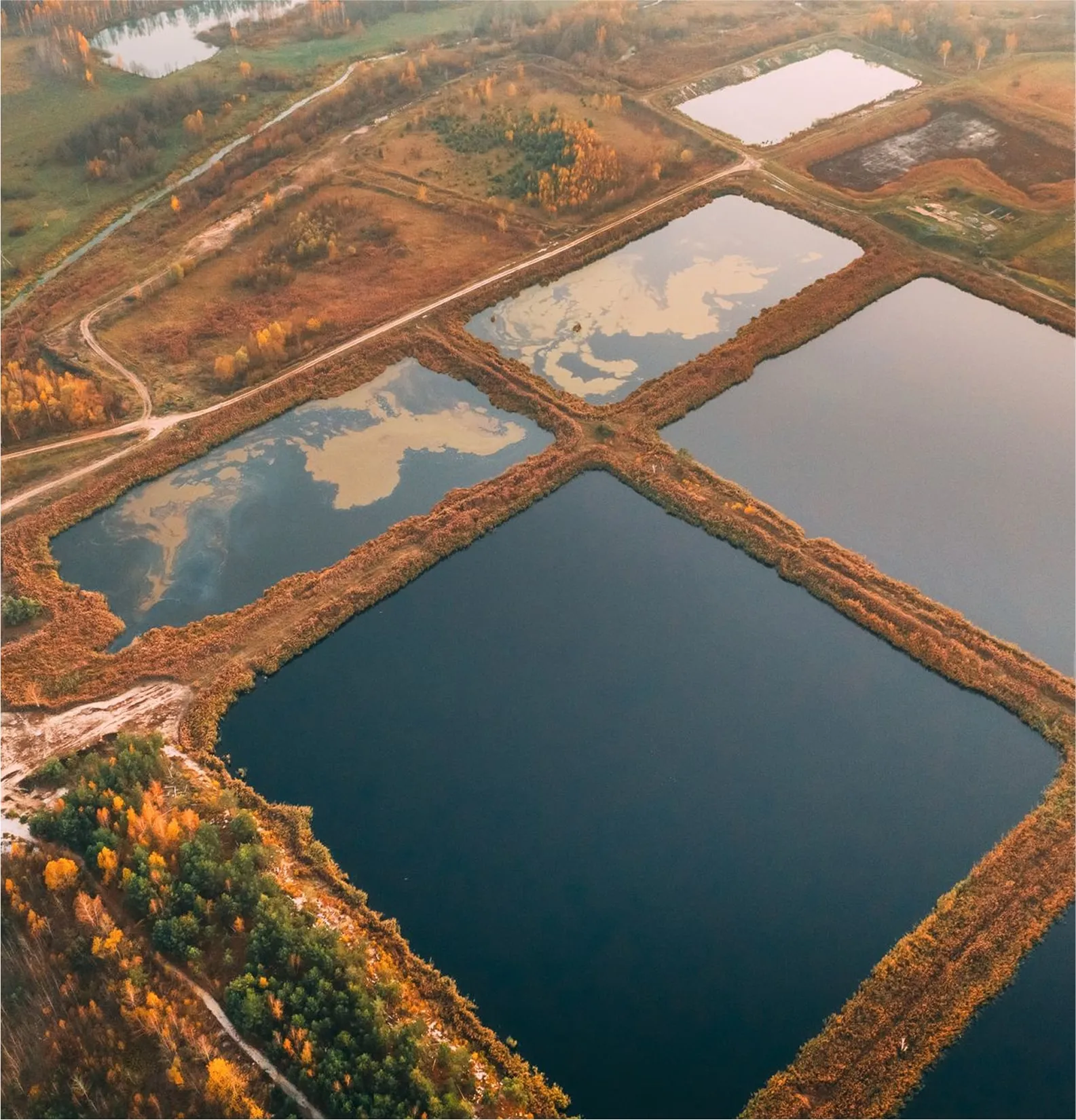 Aerial view of retention basins used for stormwater management and sediment control