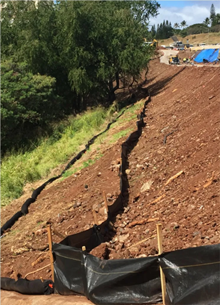 Soil slope stabilization with erosion-control mesh and geotextile lining
