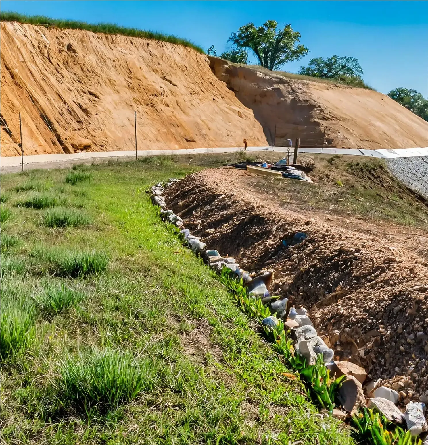 Heavy equipment performing groundwork and excavation near houses