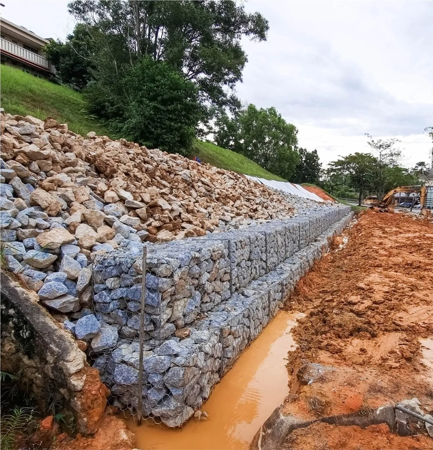 Stone embankment wall built for slope stabilization and drainage protection