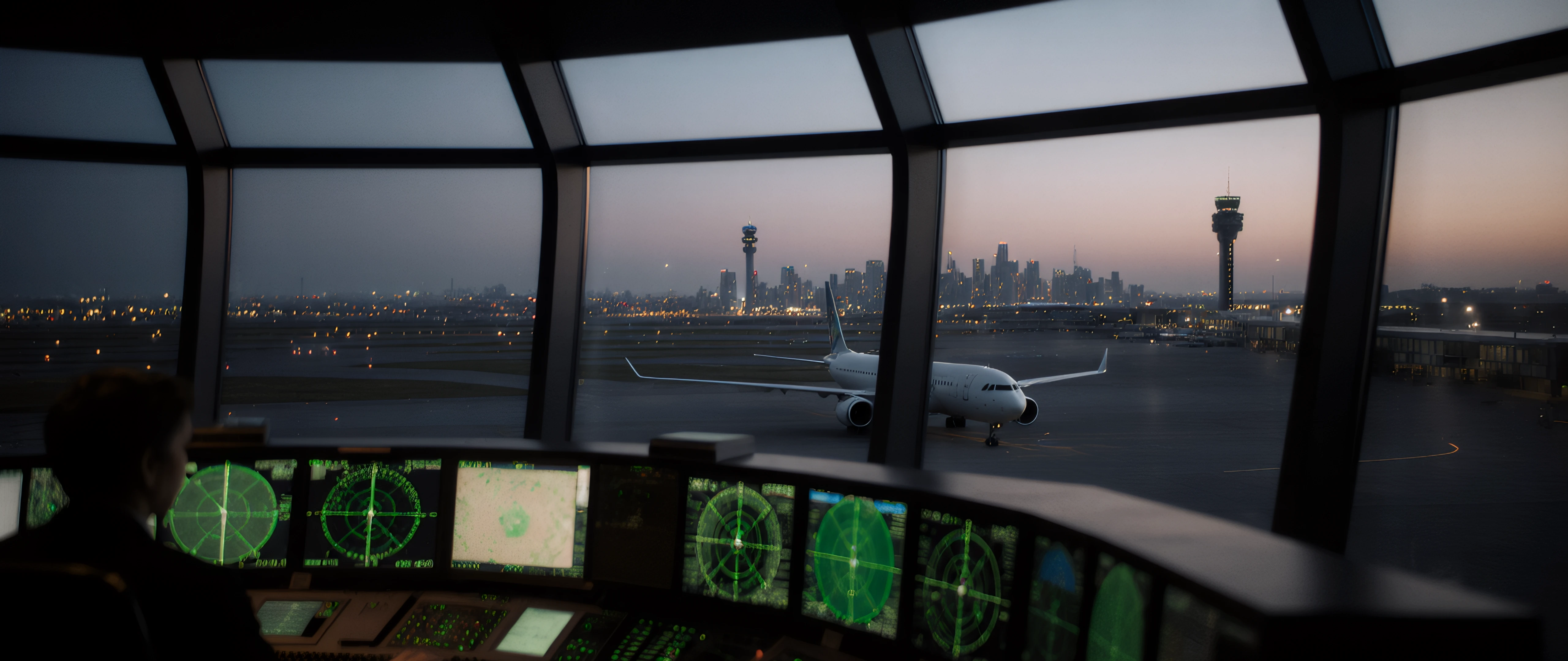 Airplane and airport control tower