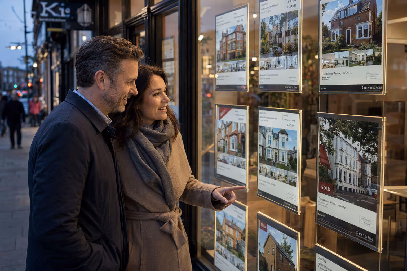 Couple viewing estate agent property listings after securing a mortgage decision in principle