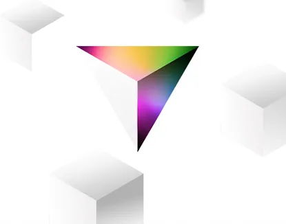 Colorful triangular prism floating above white and gray 3D cubes on a white background.