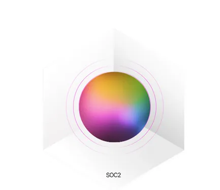 3D hexagonal shape with a colorful circular gradient in the center labeled 'SOC2'.