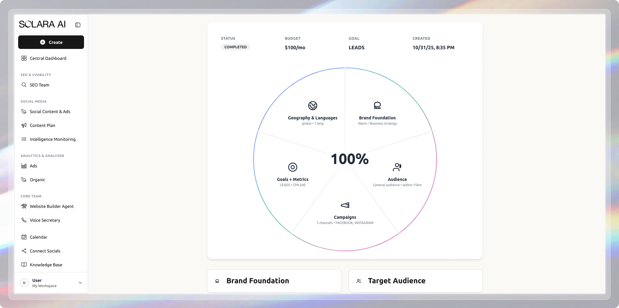 Dashboard interface showing a completed campaign with a $100 monthly budget focused on leads, displaying a pie chart with sections for Geography & Languages, Brand Foundation, Audience, Campaigns, and Goals + Metrics.
