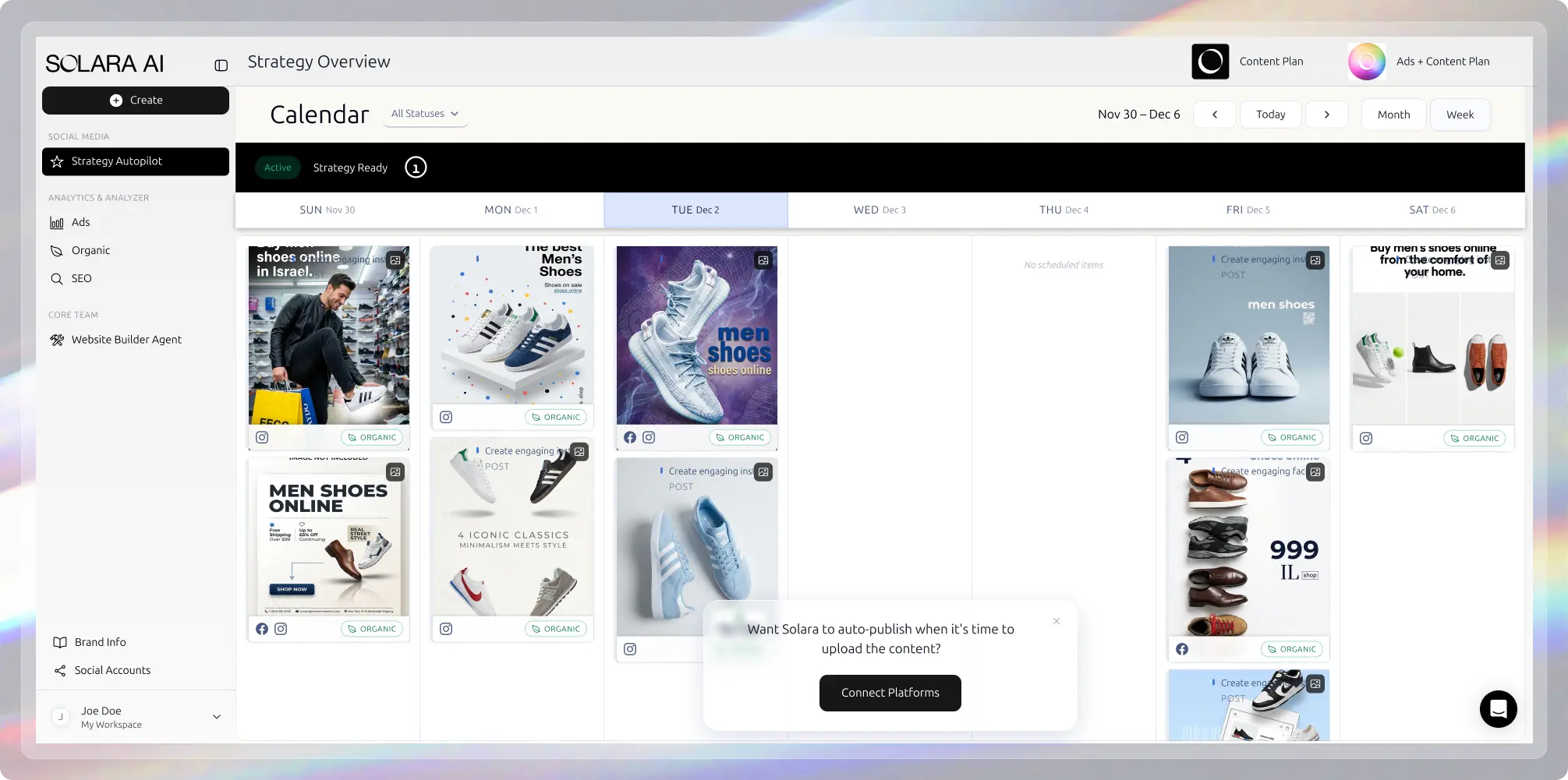 Social media content calendar interface for 'Solara AI' showing scheduled posts with images of men's shoes for the week of Nov 30 to Dec 6.