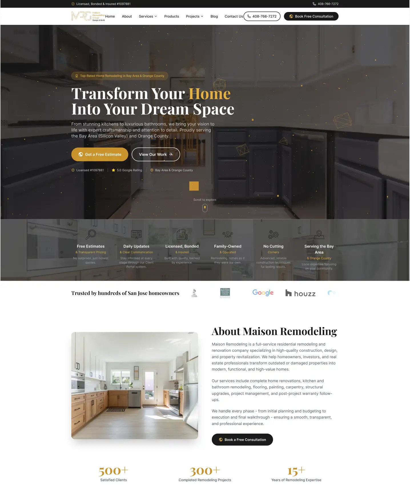 Website homepage for Maison Remodeling featuring a modern kitchen background, text highlighting home transformation services, contact number, and company credentials.