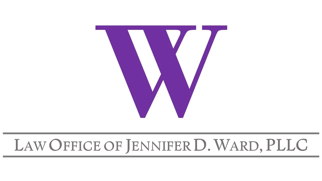 Purple stylized letter W above text reading Law Office of Jennifer D. Ward, PLLC with horizontal lines above and below the text.