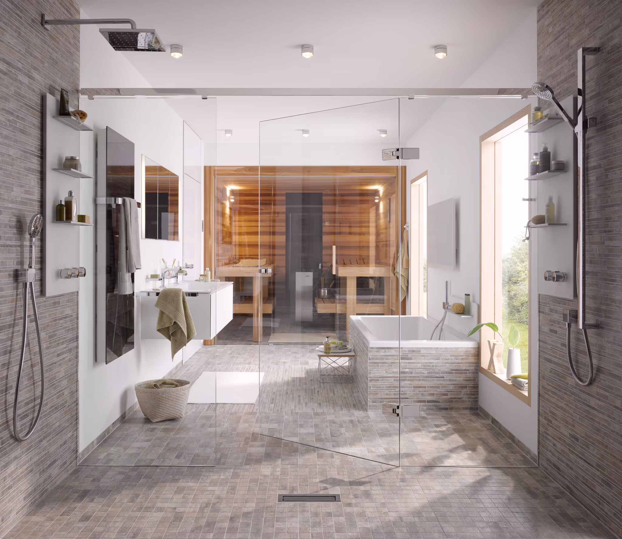 Innensauna mit verschiebbaren Thermo-Espe-Bänken und Glasfront – moderne Sauna nach Maß