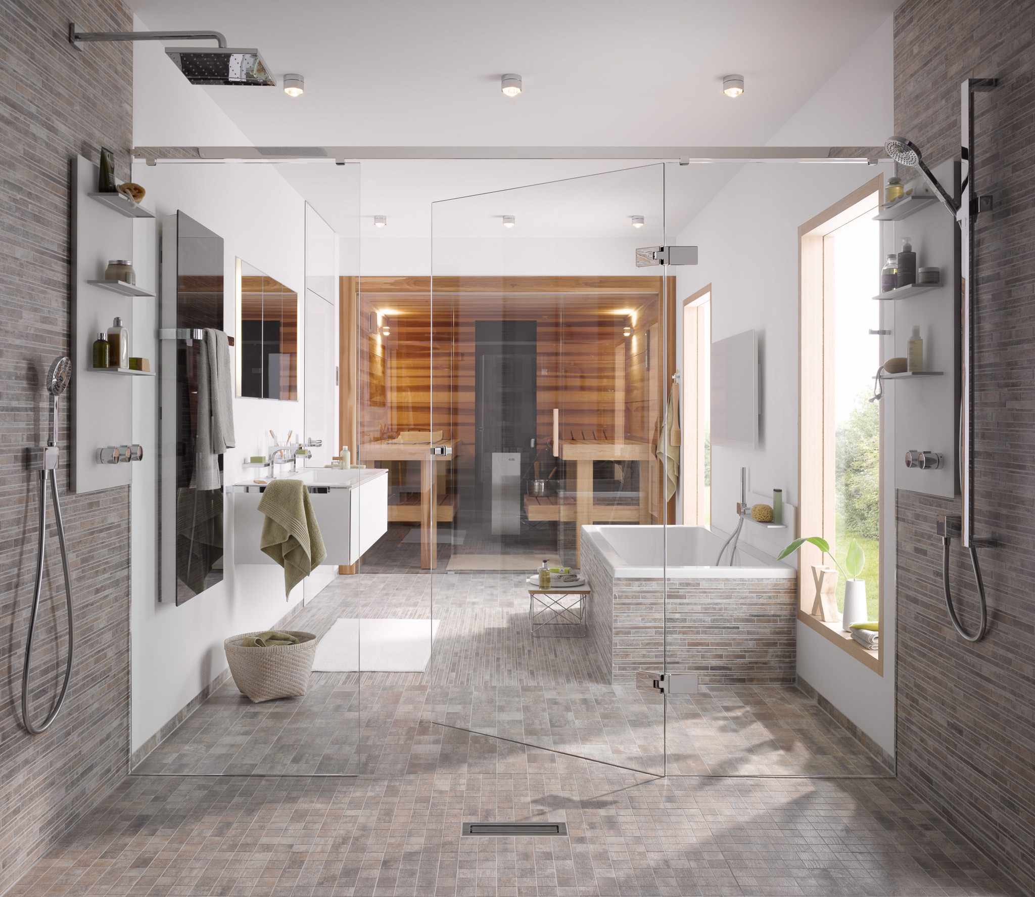 Innensauna mit verschiebbaren Thermo-Espe-Bänken und Glasfront – moderne Sauna nach Maß