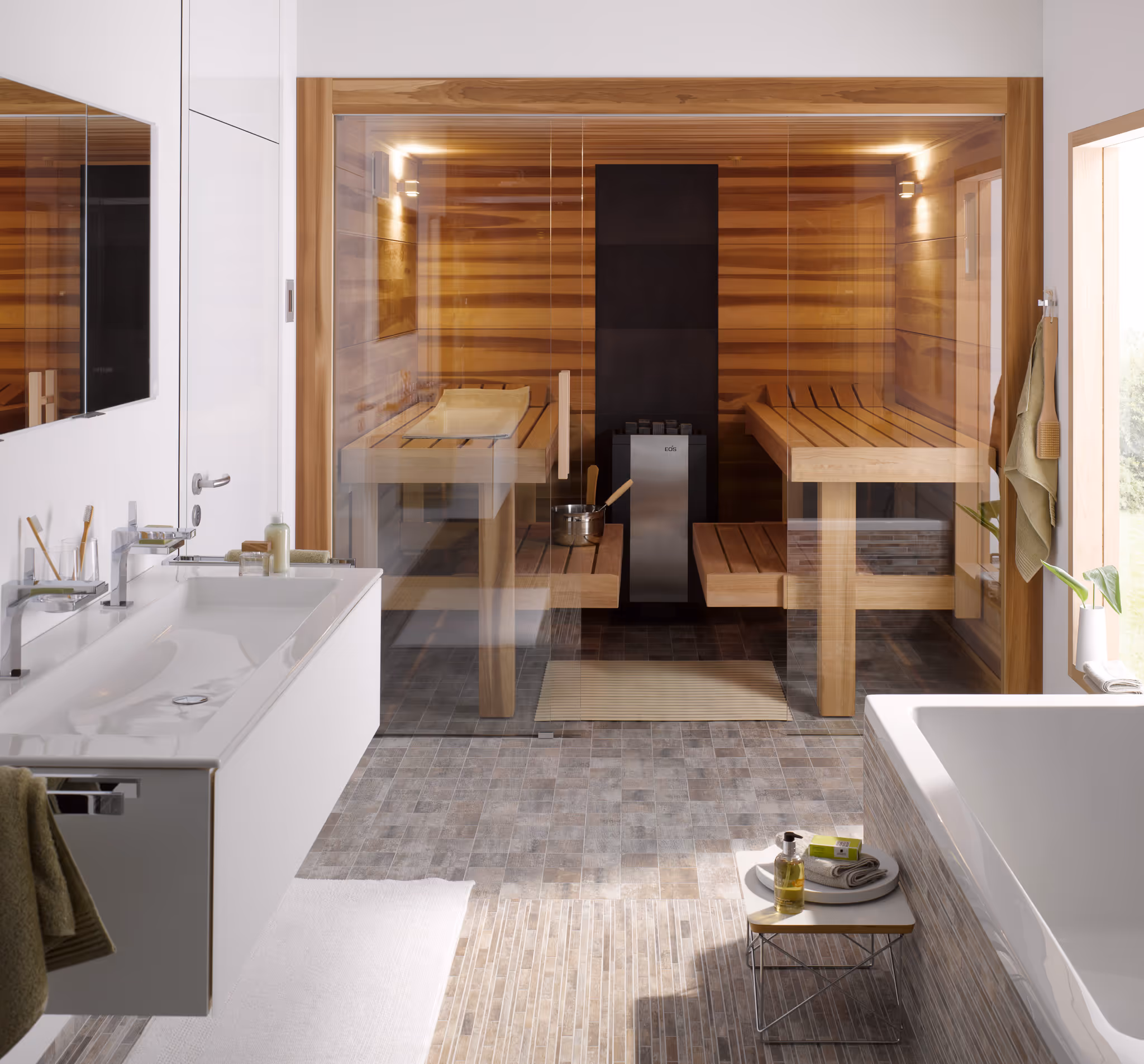 Innensauna mit verschiebbaren Thermo-Espe-Bänken und Glasfront – moderne Sauna nach Maß