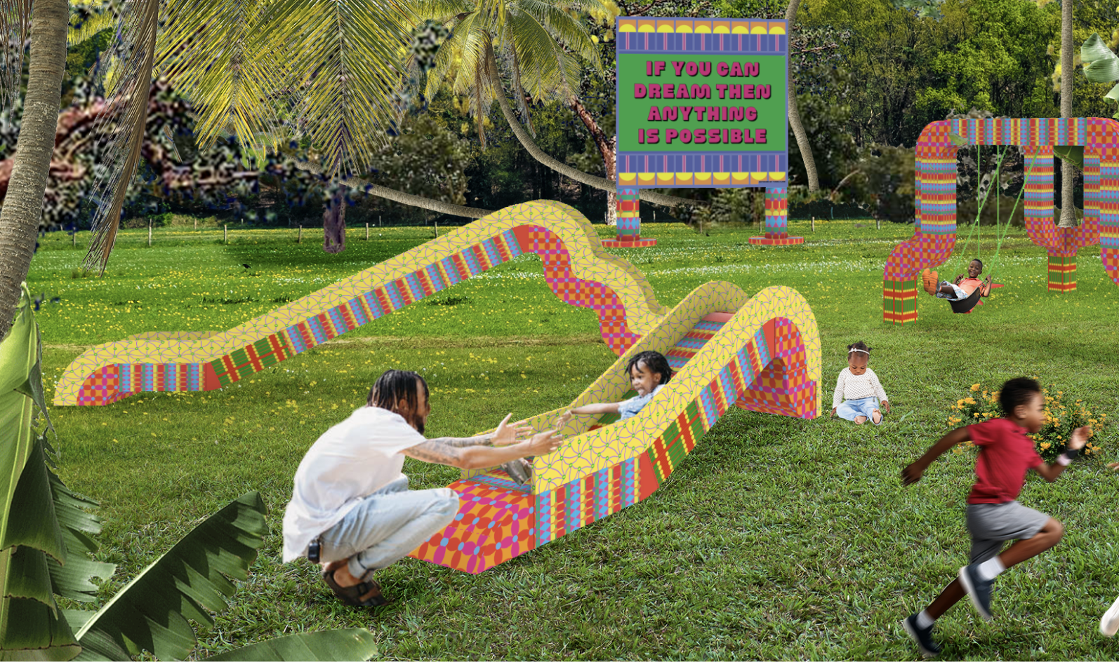 This is a CGI image showing a full Yinka Ilori designed playpark