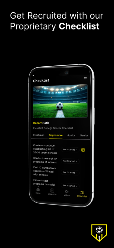 Proprietary recruiting checklist in the Elevate It Soccer app