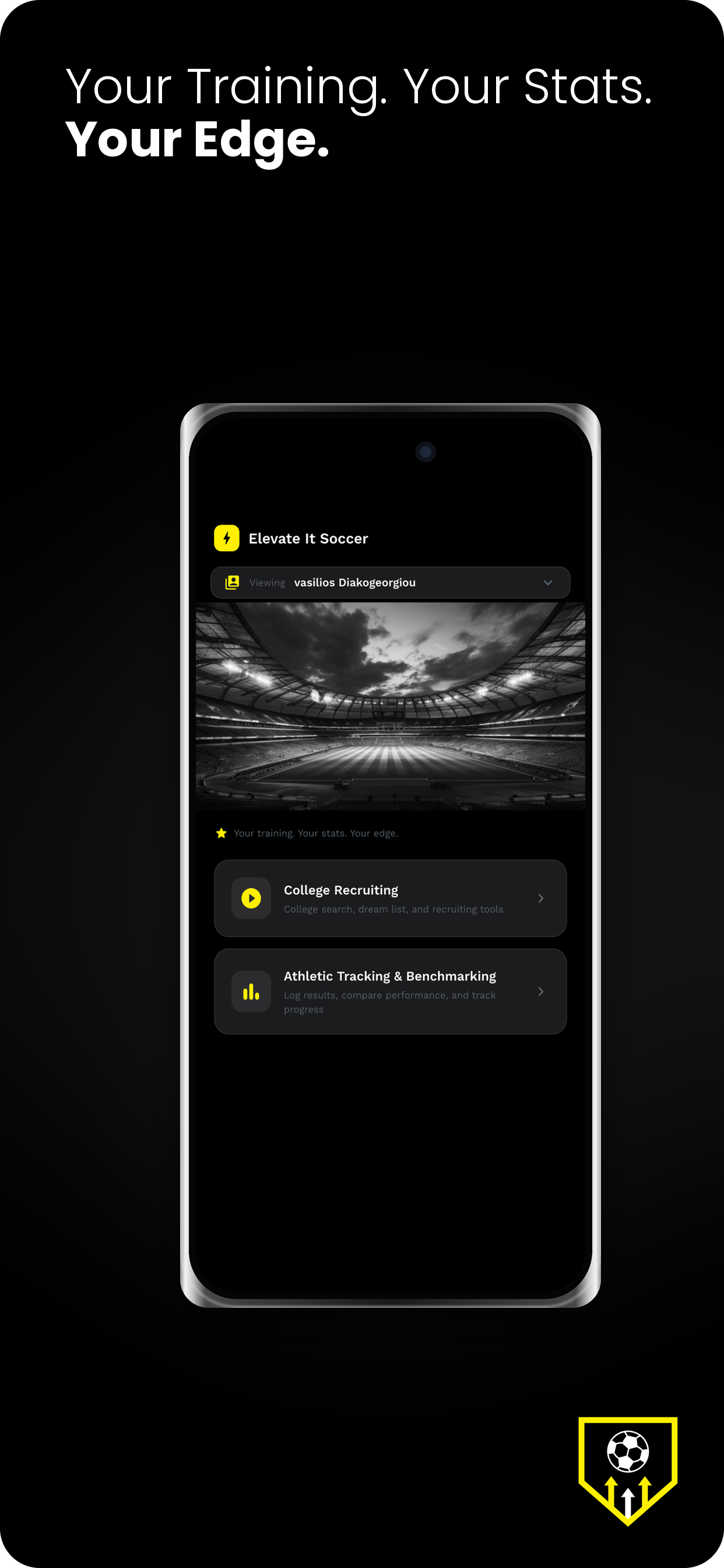Elevate It Soccer app home screen — your training, your stats, your edge