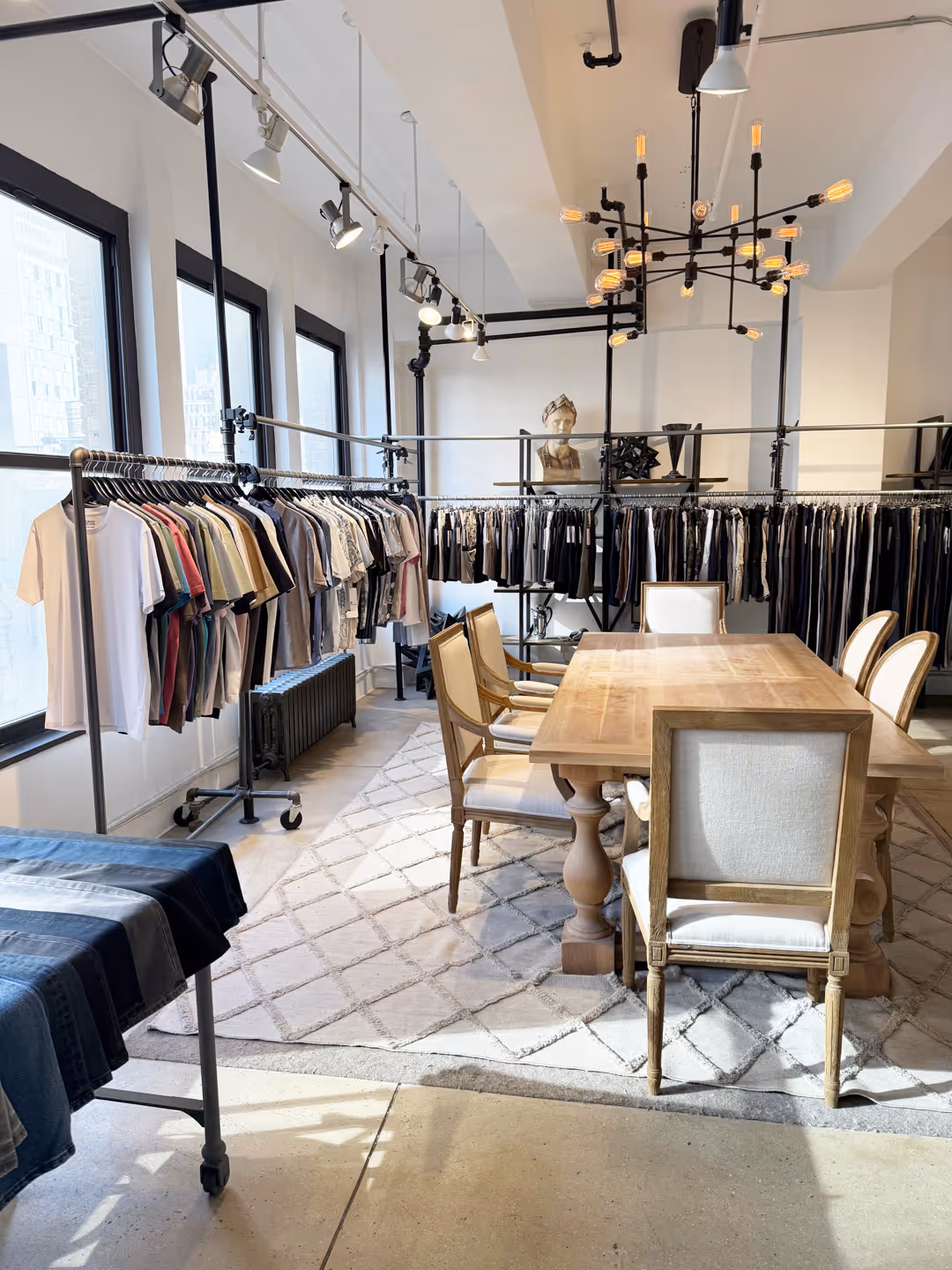Well-lit modern showroom with racks of neatly arranged shirts and pants surrounding a wooden table with six cushioned chairs on a patterned rug.