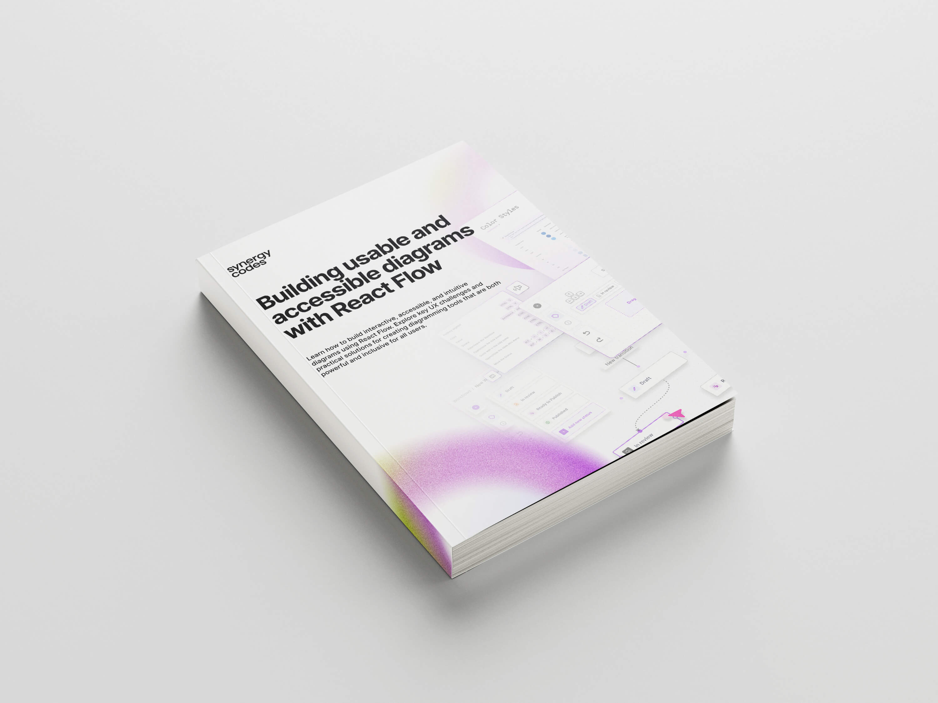 Book titled 'Building usable and accessible diagrams with React Flow' by Synergy Codes, featuring a white cover with purple and green gradient accents and diagram interface illustrations.