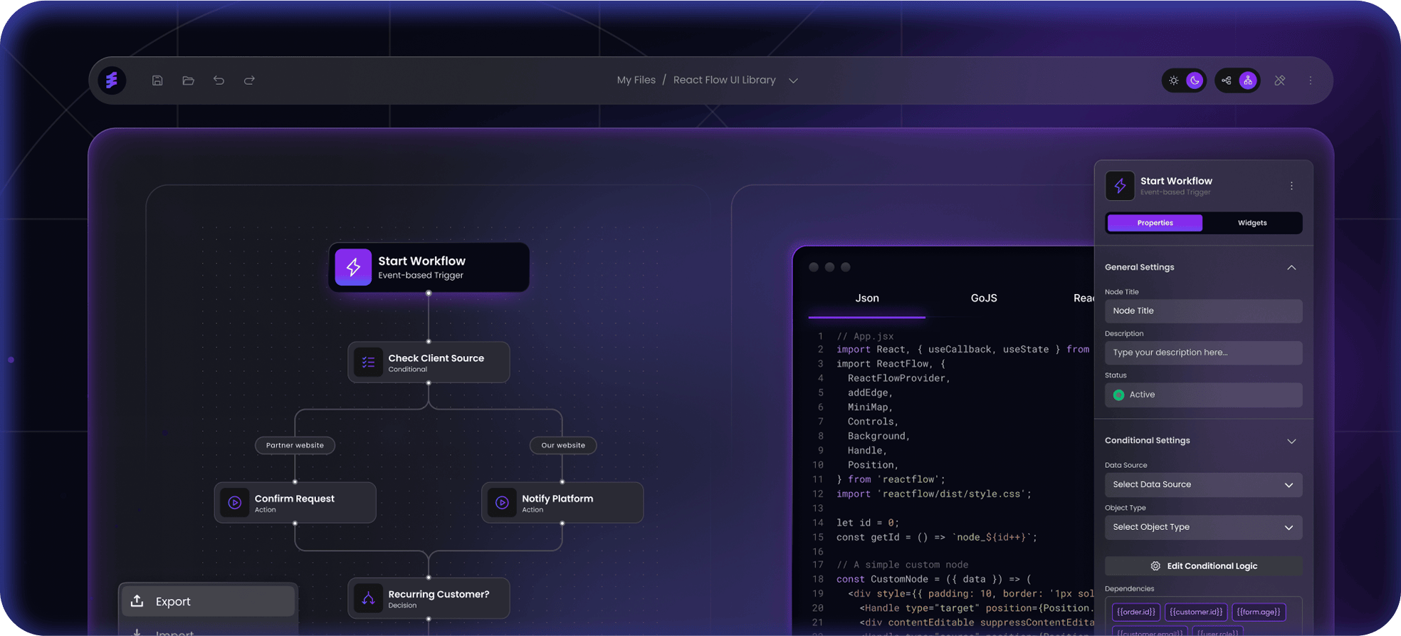 Dark mode workflow UI showing event-based trigger 'Start Workflow' connected to conditional and action nodes with code editor and properties panel on the right.