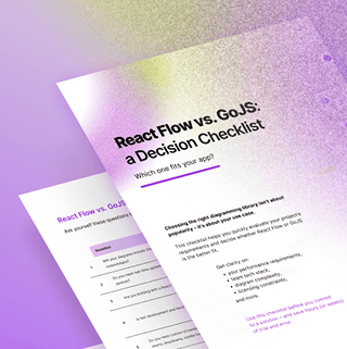 Two angled pages featuring a checklist titled React Flow vs. GoJS: a Decision Checklist with purple and white gradient background.