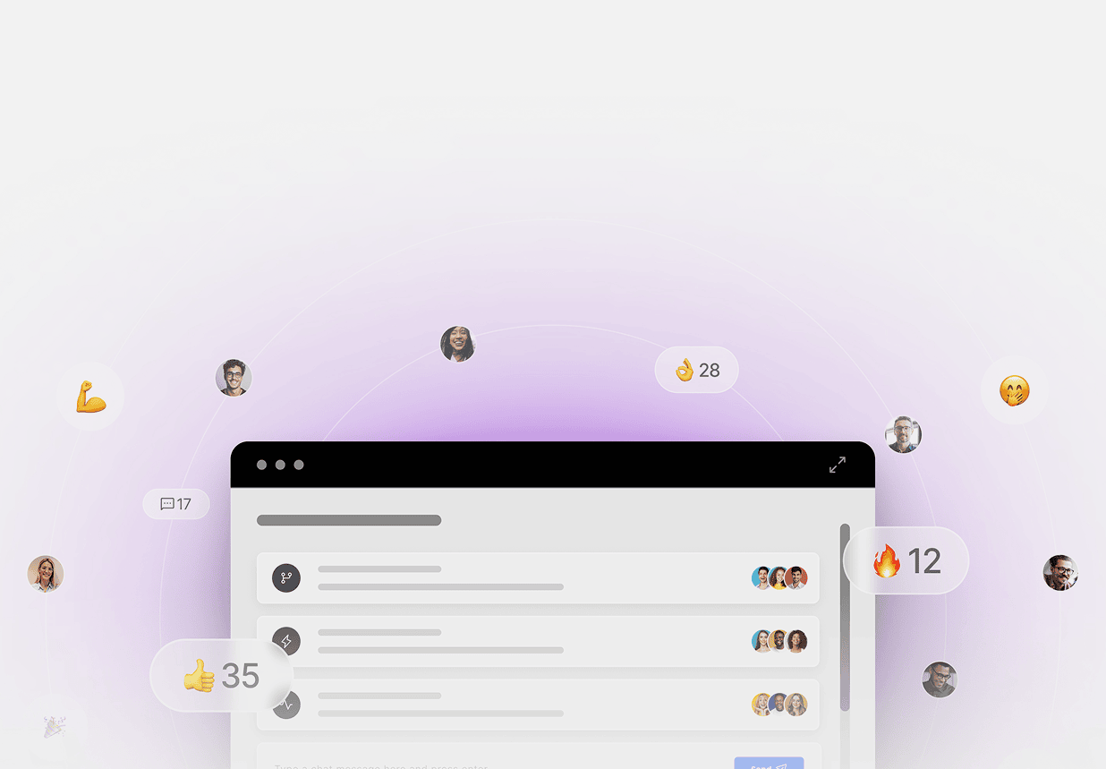 Online community chat interface with user avatars and emoji reactions indicating likes, fire, and approval.