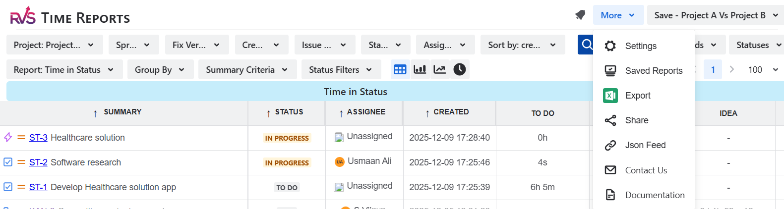 Dashboard image of Time in status report by RVS