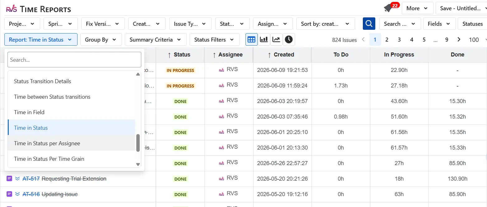 RVS Time in Status Reports — Workflow visibility for Jira Cloud and Data Center teams