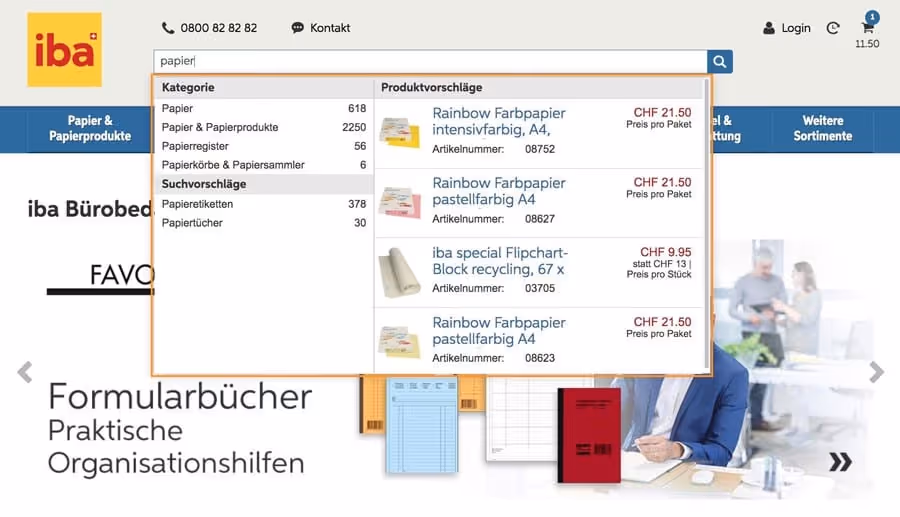 Type-Ahead-Funktion im Online Shop von iba (Screenshot von iba.ch)