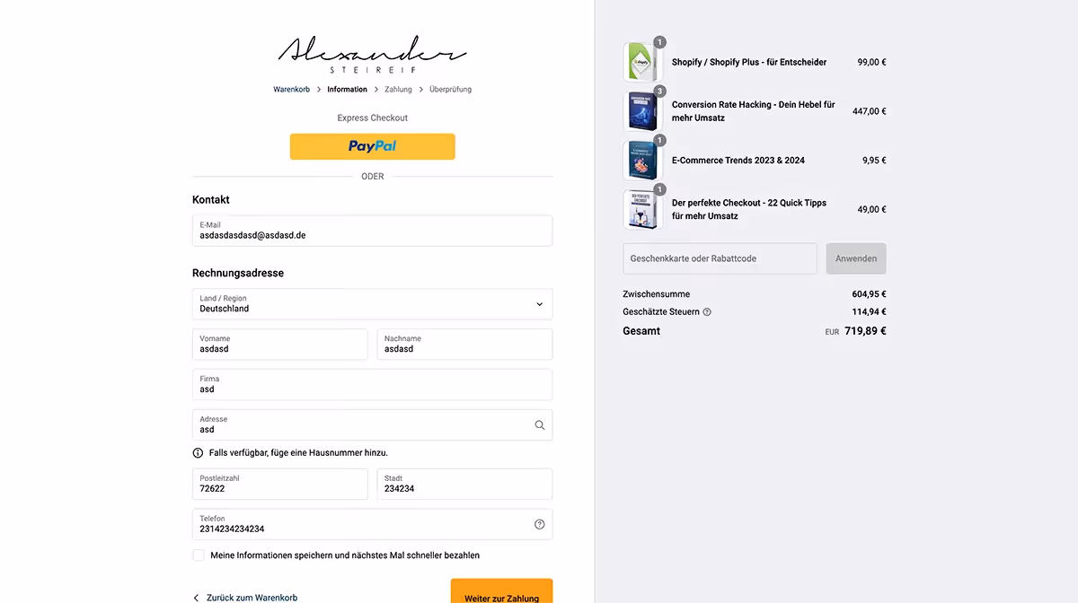 Abbildung: Beispiel Shopify Checkout - Im B2C sind Checkout-Prozesse oftmals weniger komplex als im B2B