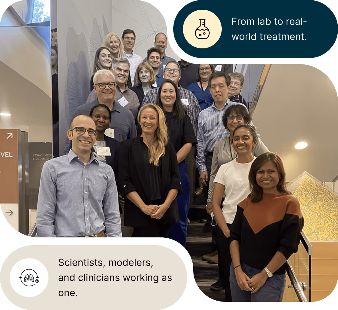 Group of diverse scientists and clinicians standing on stairs, smiling, with text bubbles reading 'From lab to real-world treatment' and 'Scientists, modelers, and clinicians working as one.'