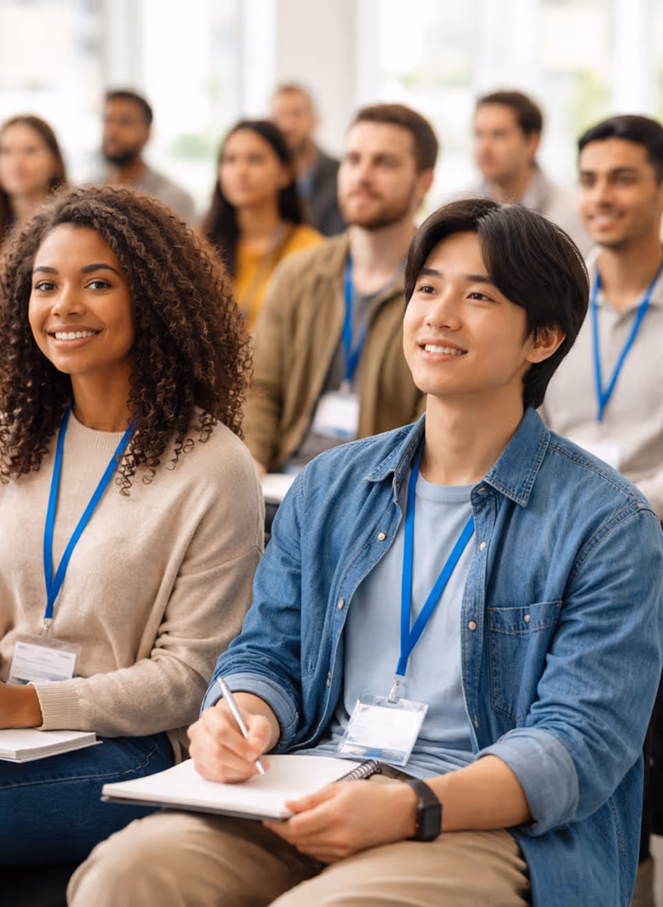 Diverse group of early-career researchers attending a seminar, smiling and taking notes.