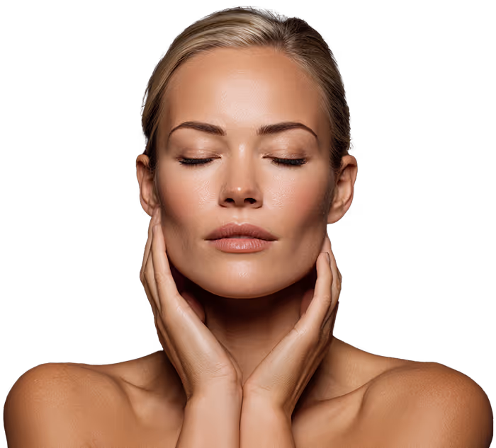 Kvinne med lukkede øyne berører ansiktet rolig med begge hender, med ren hud og mørk bakgrunn.