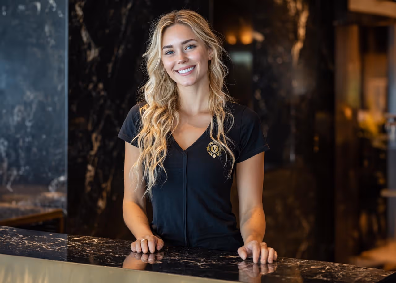 Blond kvinne som smiler bak en marmorbordkrok i et elegant, mørkt interiør.