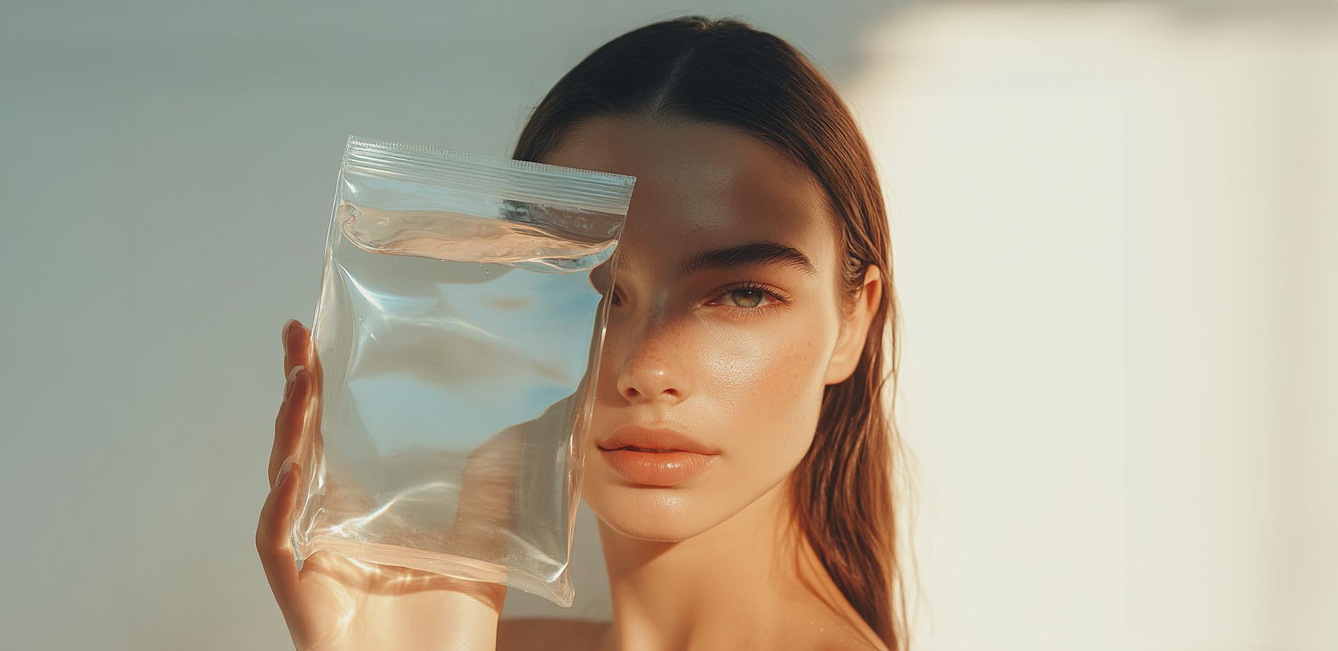 Kvinne holder opp en IV drypp pose forran ansiktet og ser rett inn i kameraet.