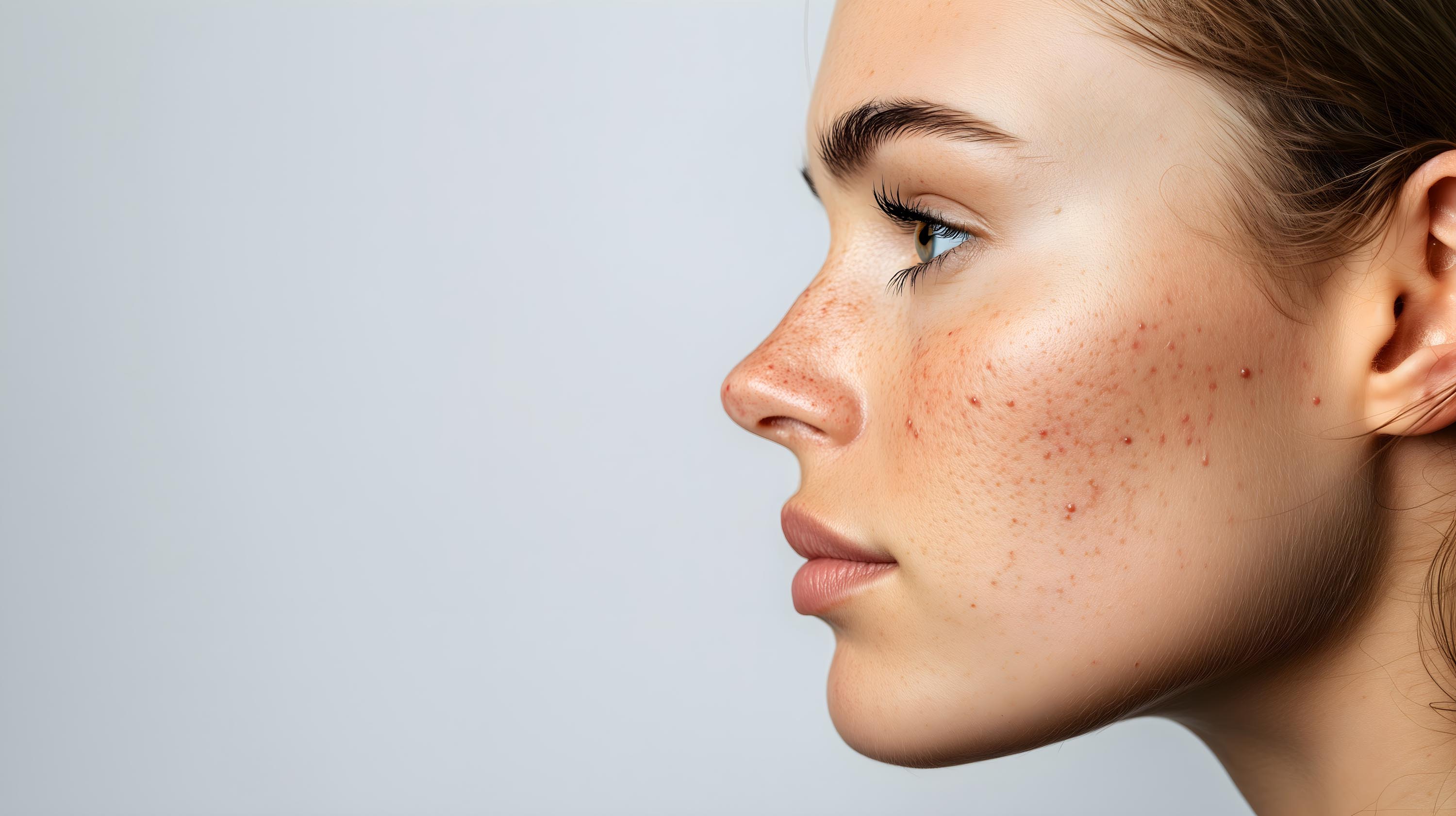 En kvinne med rosacea på kinnet.