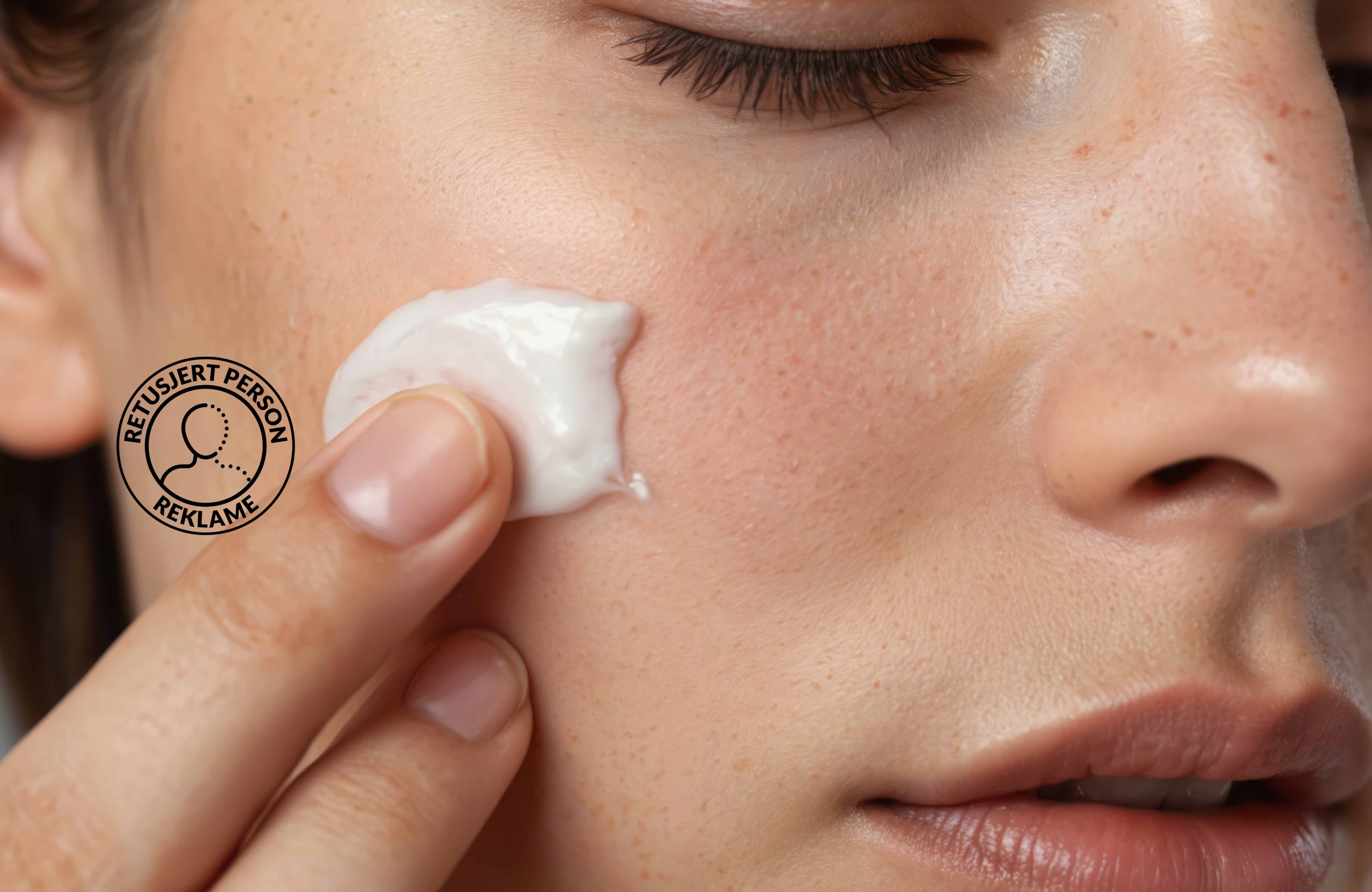 Nærbilde av påføring av krem i ansiktet som del av polynukleotidbehandling for hudpleie.